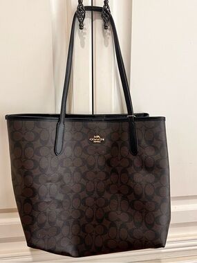 Coach Signature Tote Bag Brown Black Leather Trim